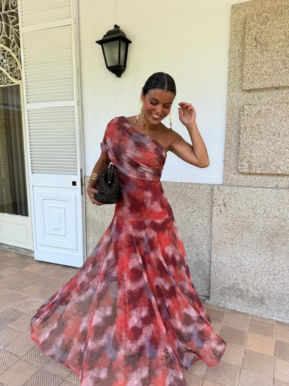 Long watercolor dress with dropped shoulders