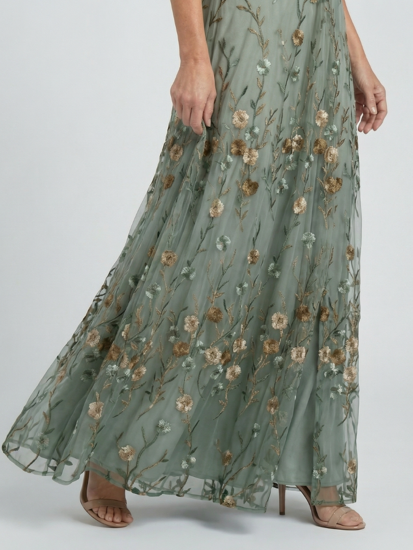 Sage | Floral Maxi Dress with V-Neck and Flutter Sleeves