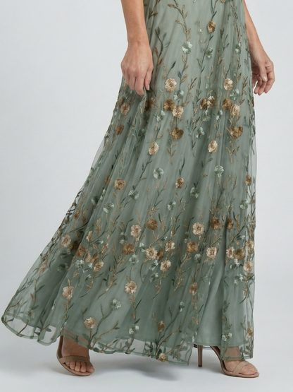 Sage | Floral Maxi Dress with V-Neck and Flutter Sleeves