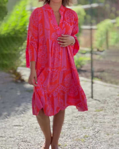 CHIARA | Long Dress with Boho Print and 3/4 Bell Sleeves