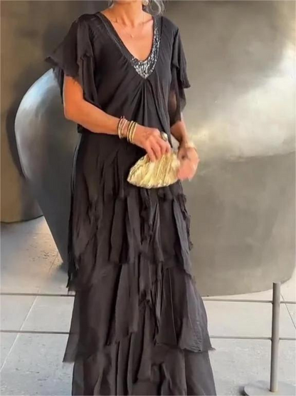 SAVANE | Long Flowing Dress with Elegant V-Neck