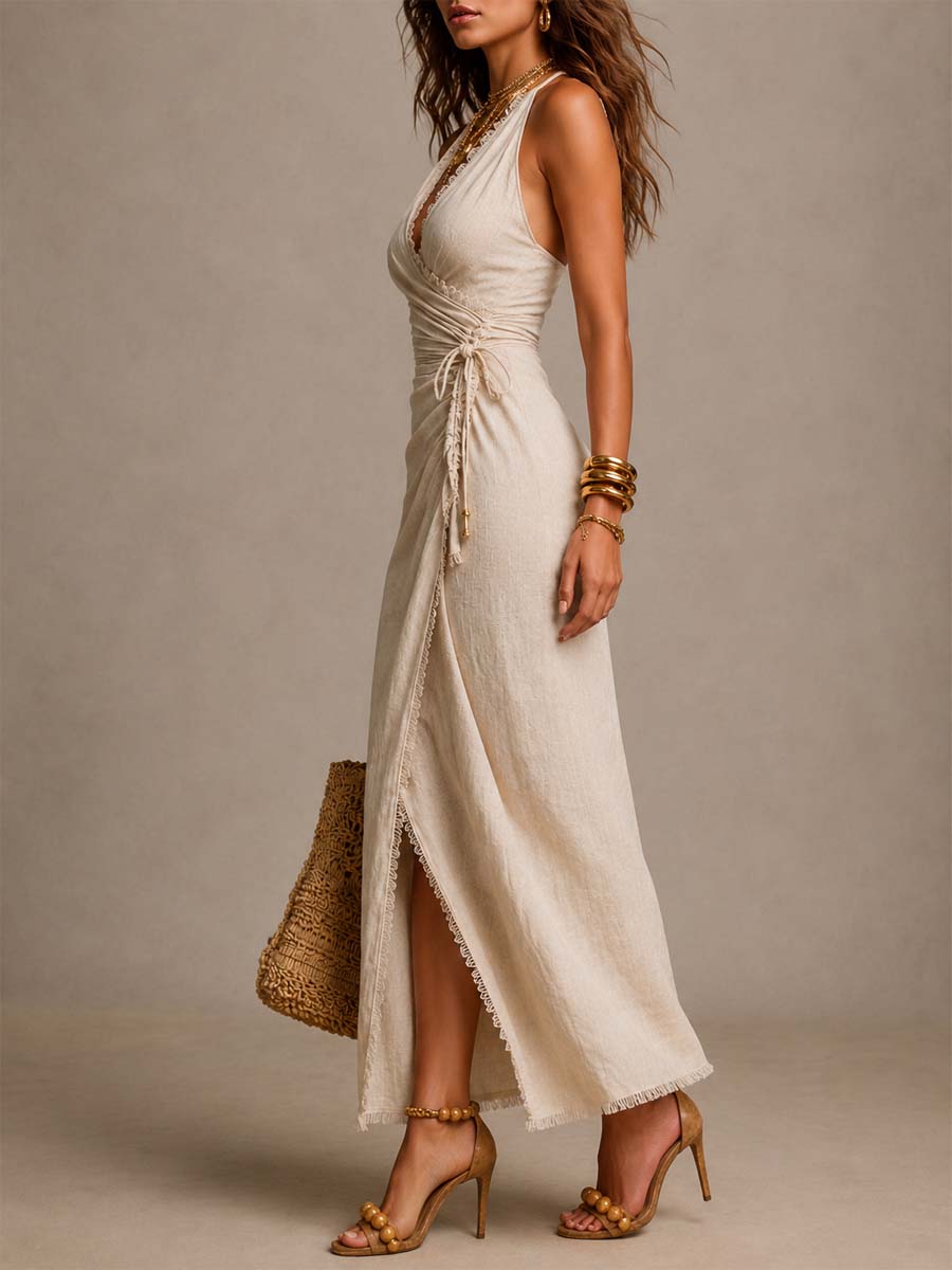 HAZEL | Wrap Midi Dress with Deep V-Neck and Side Tie