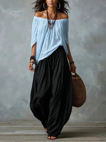 Top White Off-the-shoulder and Wide Lantern Pants