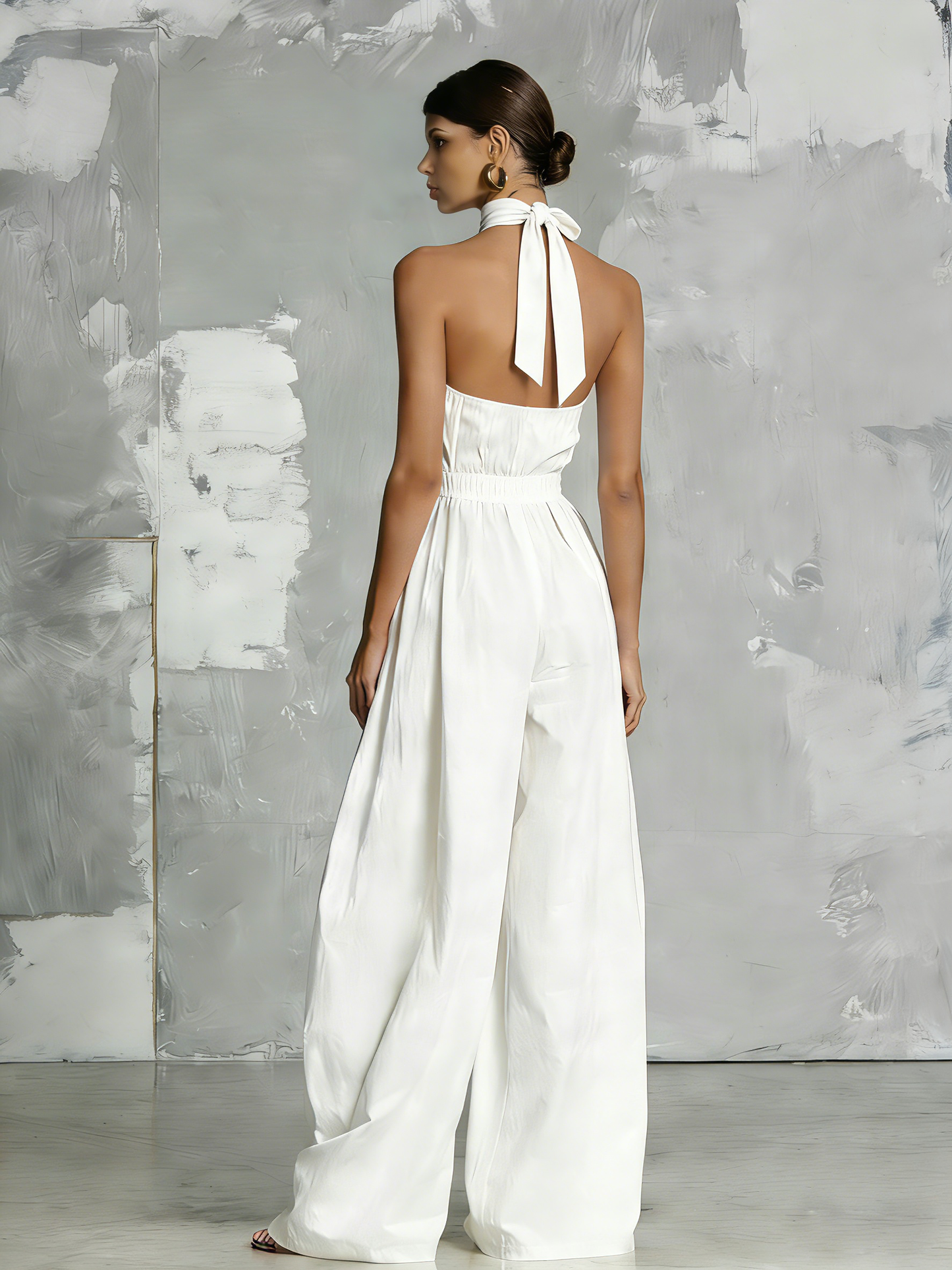 Fiamma | Elegant white jumpsuit in woven fabric with sleeveless halter neck