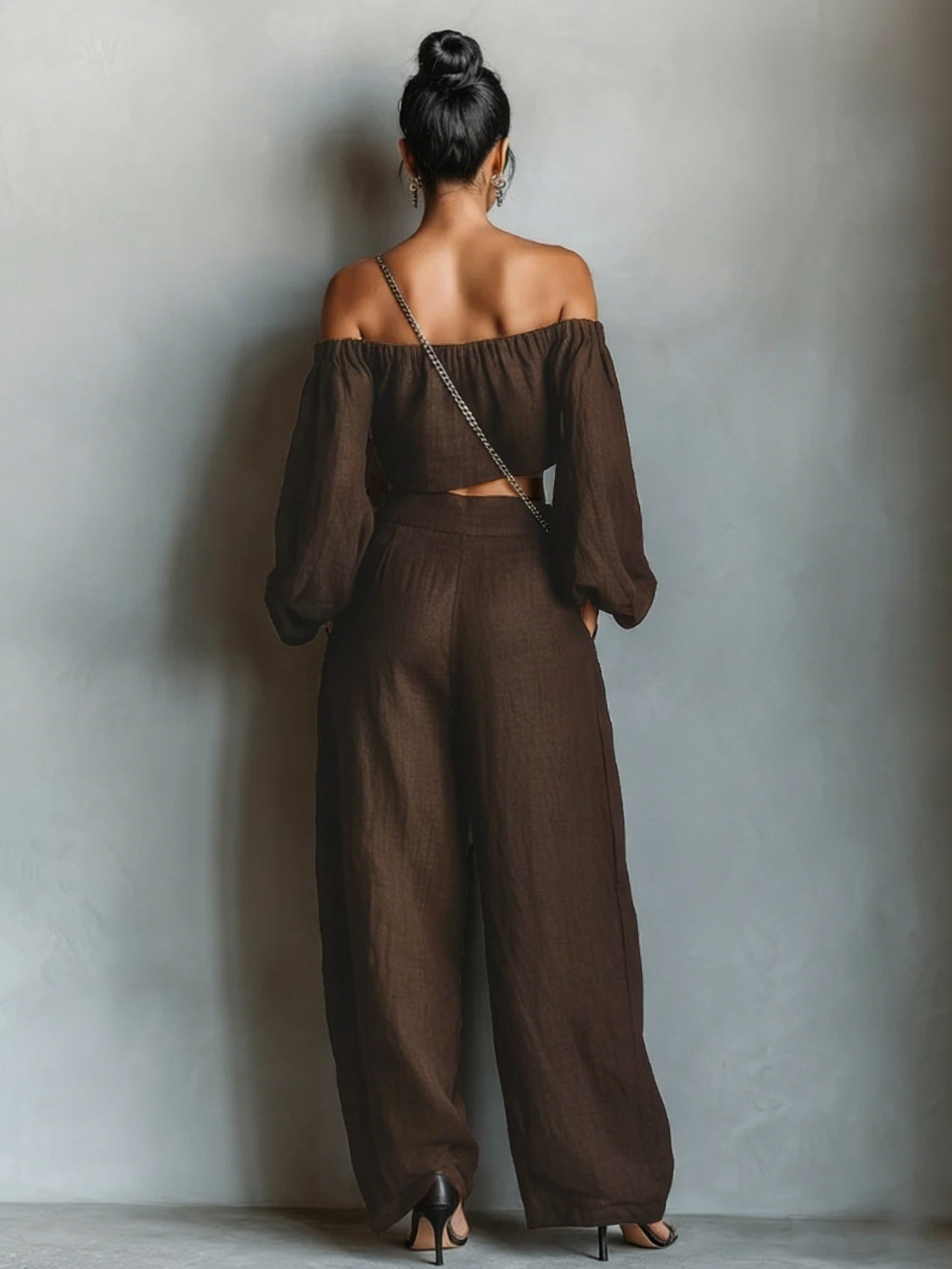 Tiana || Off-shoulder neckline outfit with wide pants