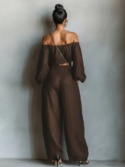 Tiana || Off-shoulder neckline outfit with wide pants
