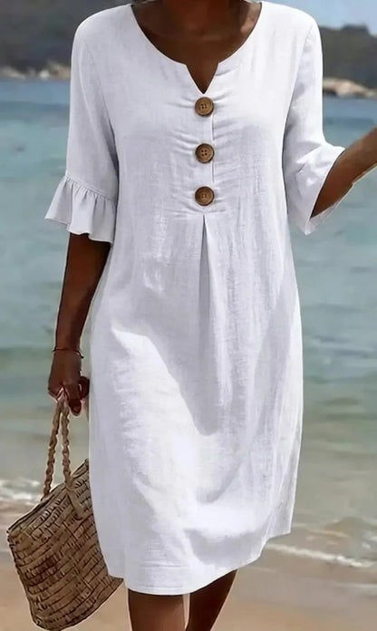 Vanesa™ | Linen Textured Dress with Puff Sleeves and Buttons