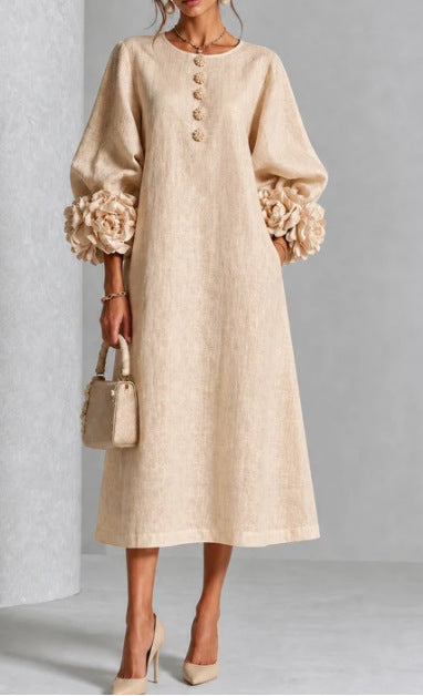 IVY | Floral Midi Dress with Rose-Cuff Sleeves