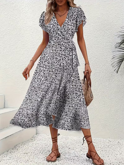 Skye | Floral Wrap Midi Dress with Ruffle Sleeves and Asymmetric Hem