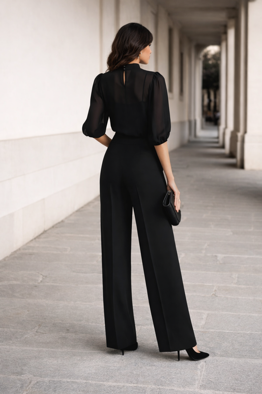 Valentina | Three-Piece Set Composed of a Sheer Camisole and Wide-Leg Pants.