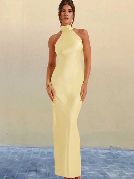 ZEYNEP | Elegant Satin Maxi Dress with Halter Neckline