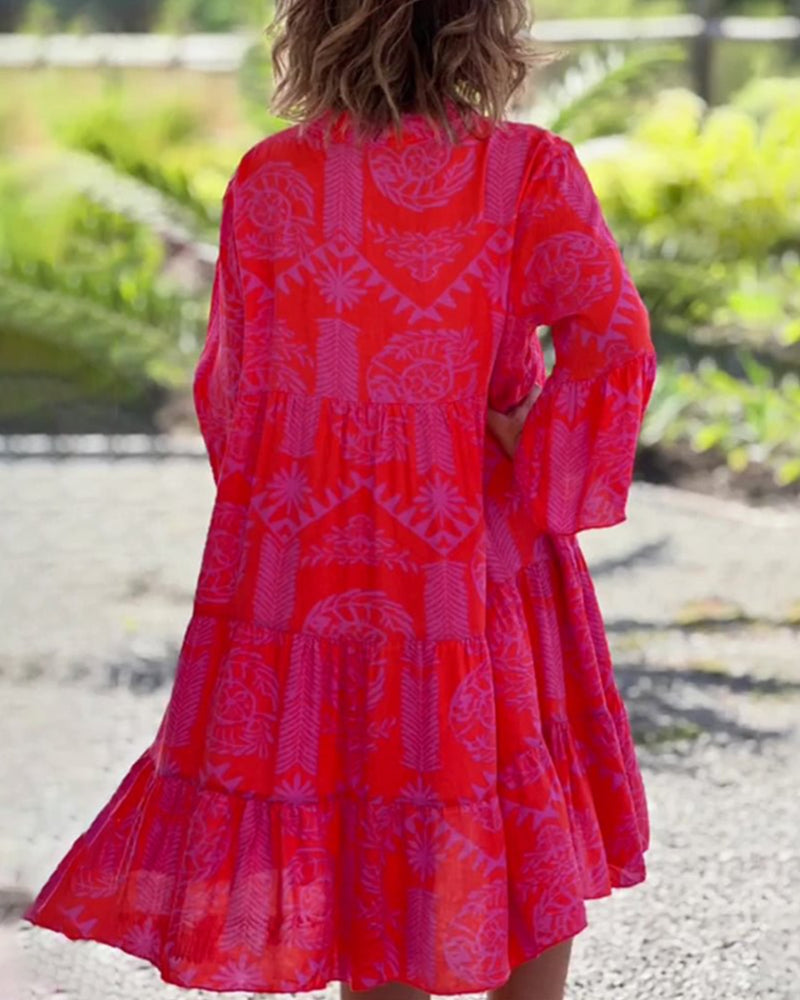 CHIARA | Long Dress with Boho Print and 3/4 Bell Sleeves
