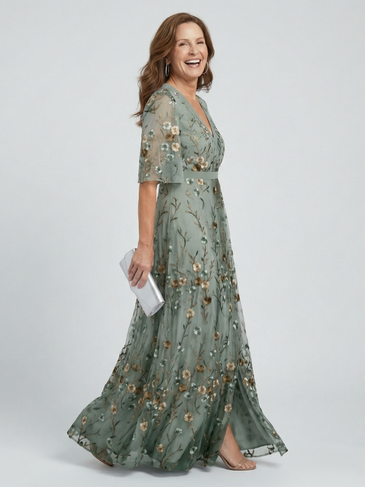 Sage | Floral Maxi Dress with V-Neck and Flutter Sleeves