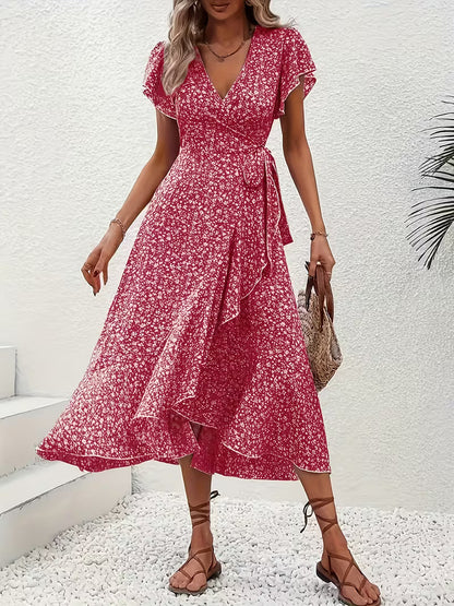 Skye | Floral Wrap Midi Dress with Ruffle Sleeves and Asymmetric Hem