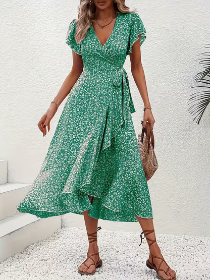 Skye | Floral Wrap Midi Dress with Ruffle Sleeves and Asymmetric Hem