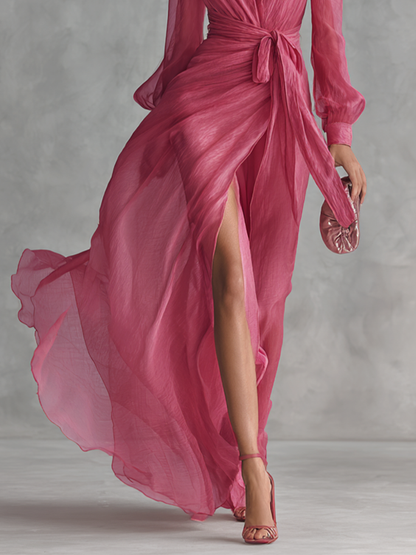 Pink Chiffon Dress V-Neck