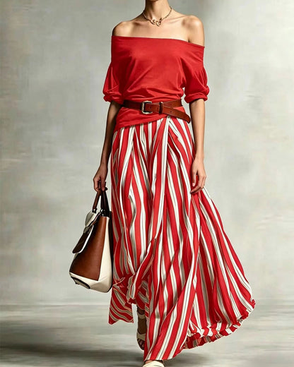 MADISON | Striped Maxi Skirt Set with Off-Shoulder Top