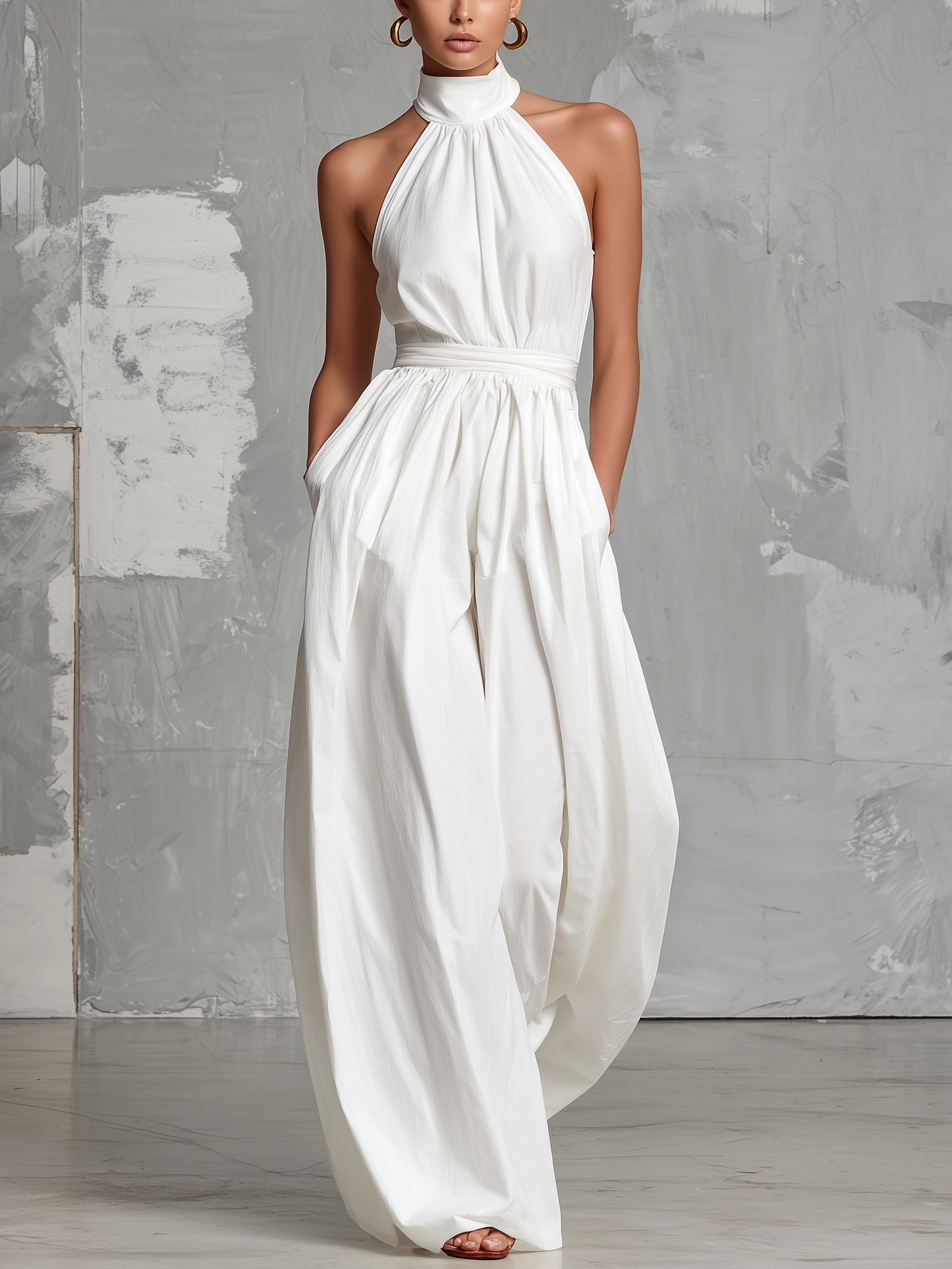 Elegant white woven jumpsuit, sleeveless, with halter neck