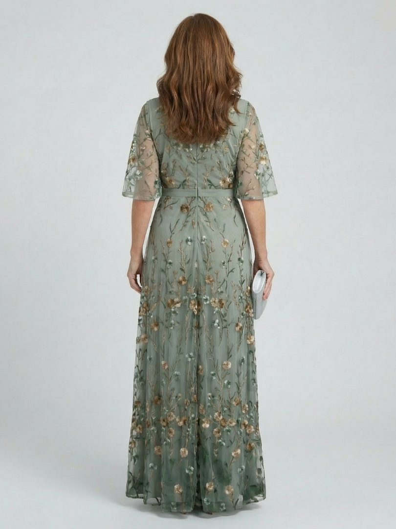 Sage | Floral Maxi Dress with V-Neck and Flutter Sleeves
