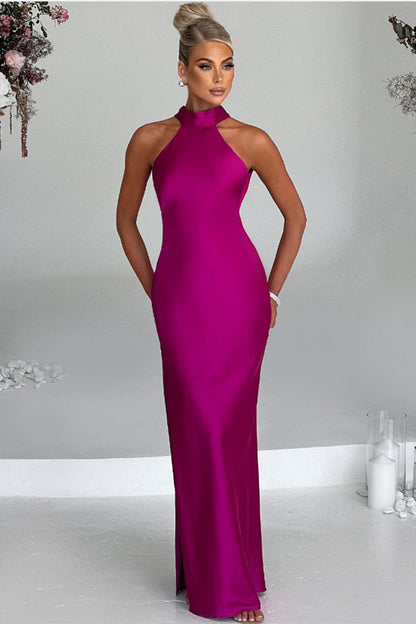 ZEYNEP | Elegant Satin Maxi Dress with Halter Neckline