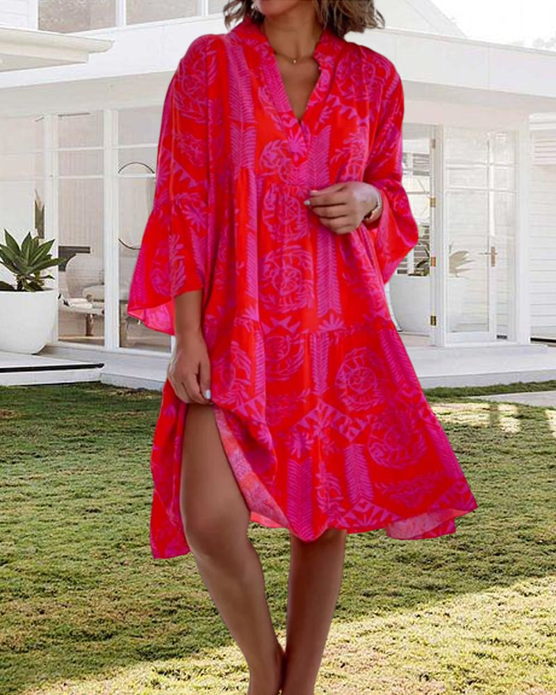 CHIARA | Long Dress with Boho Print and 3/4 Bell Sleeves