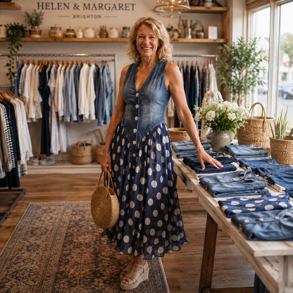 Jasmine | Denim Bodice Polka Dot Chiffon Midi Dress