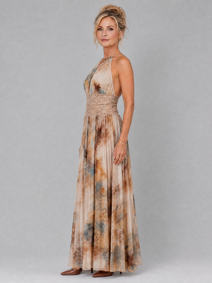 Elavenue | Halter Neck Lace Waist Maxi Dress