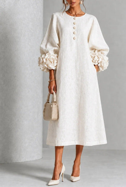 IVY | Floral Midi Dress with Rose-Cuff Sleeves