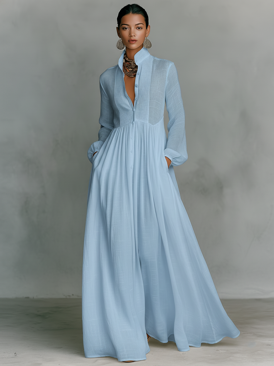 Patchwork Maxi Dress Stand Collar