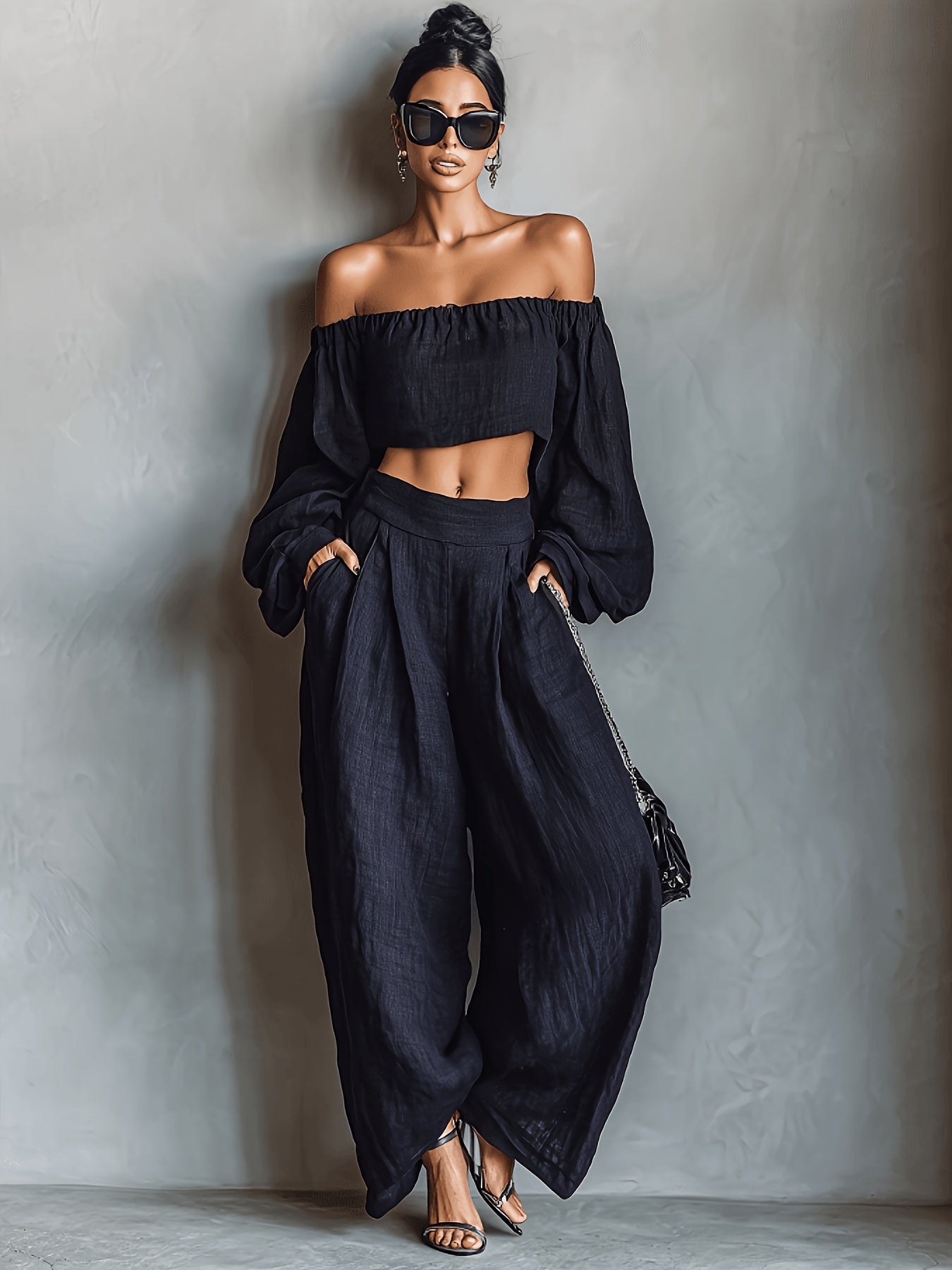 Tiana || Off-shoulder neckline outfit with wide pants