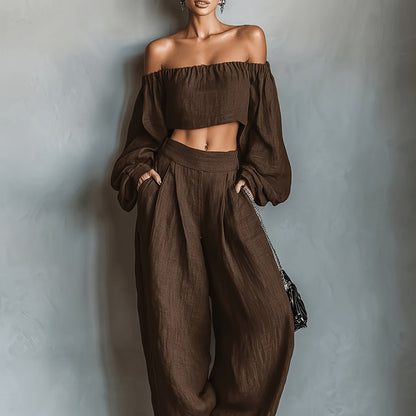 Tiana || Off-shoulder neckline outfit with wide pants
