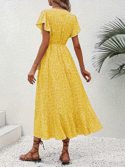 Skye | Floral Wrap Midi Dress with Ruffle Sleeves and Asymmetric Hem