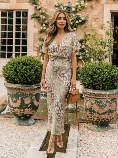 Elodie | Abstract Print V Neck Twist Waist Midi Dress