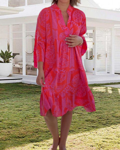 CHIARA | Long Dress with Boho Print and 3/4 Bell Sleeves
