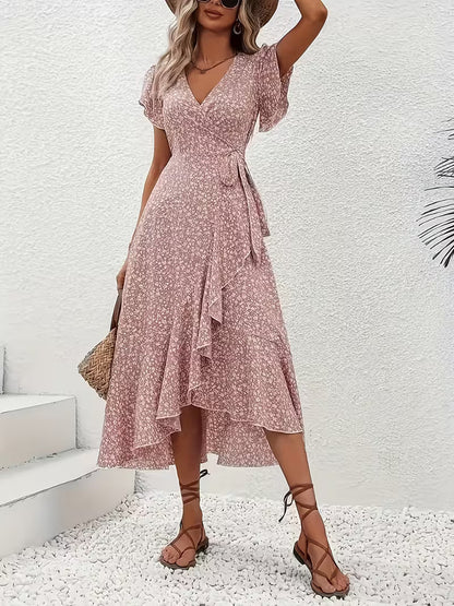 Skye | Floral Wrap Midi Dress with Ruffle Sleeves and Asymmetric Hem