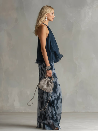 Serena | Elegant chiffon set with high-neck top and wide-leg patterned pants