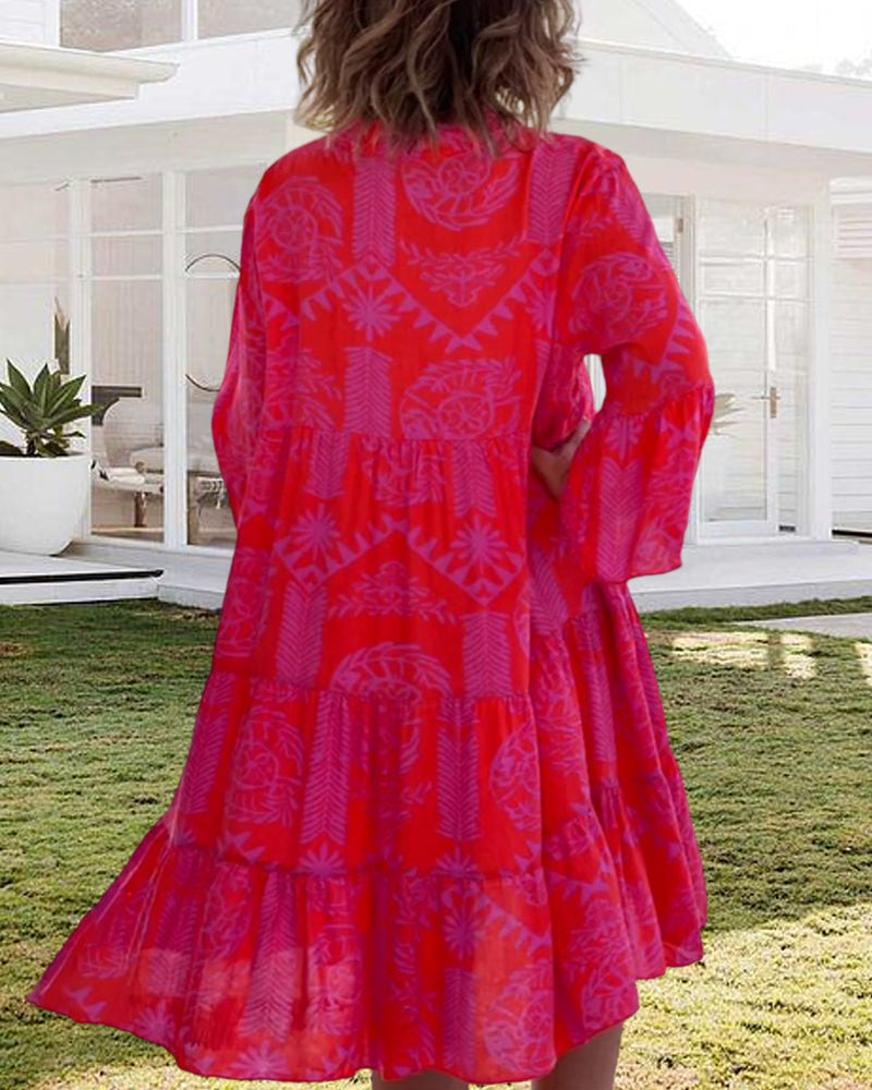 CHIARA | Long Dress with Boho Print and 3/4 Bell Sleeves