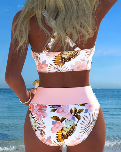 Bikini with contrasting floral print and split