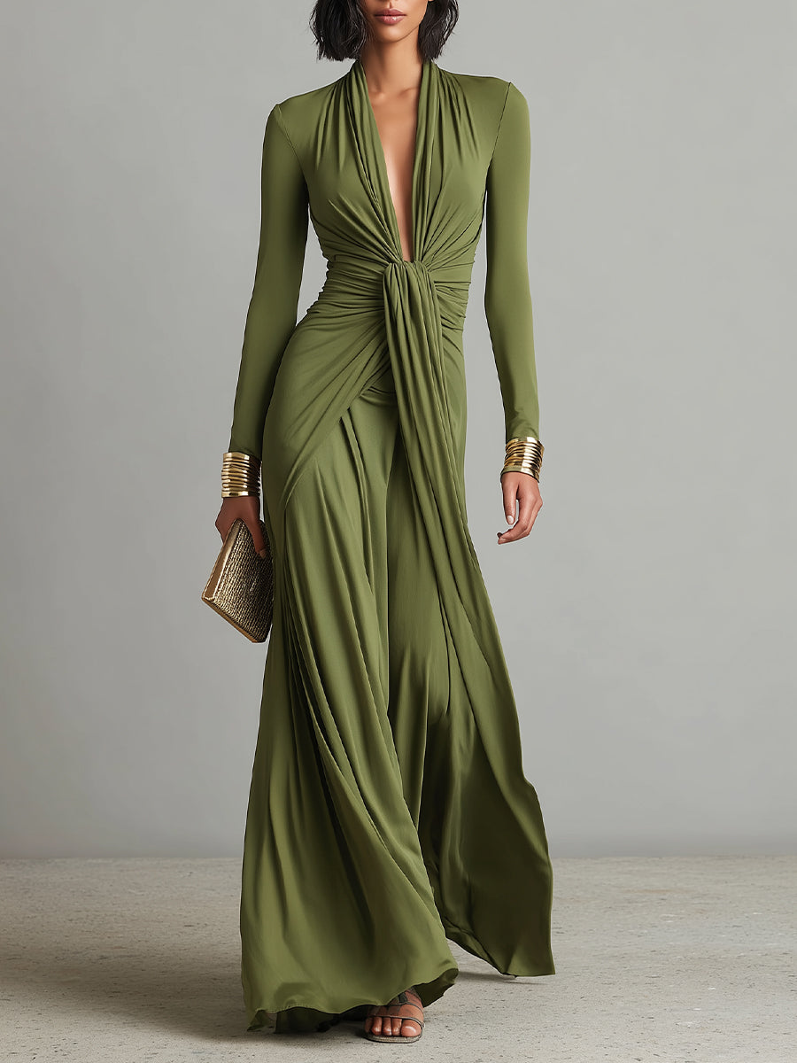 Olive Silk Maxi Dress with V-Neck