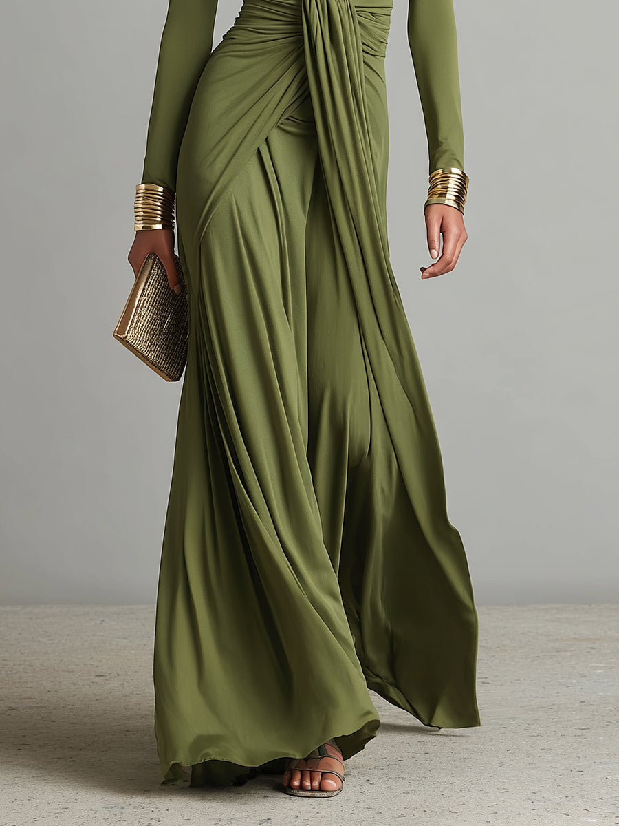 Olive Silk Maxi Dress with V-Neck