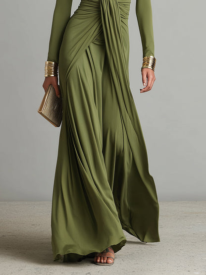 Olive Silk Maxi Dress with V-Neck