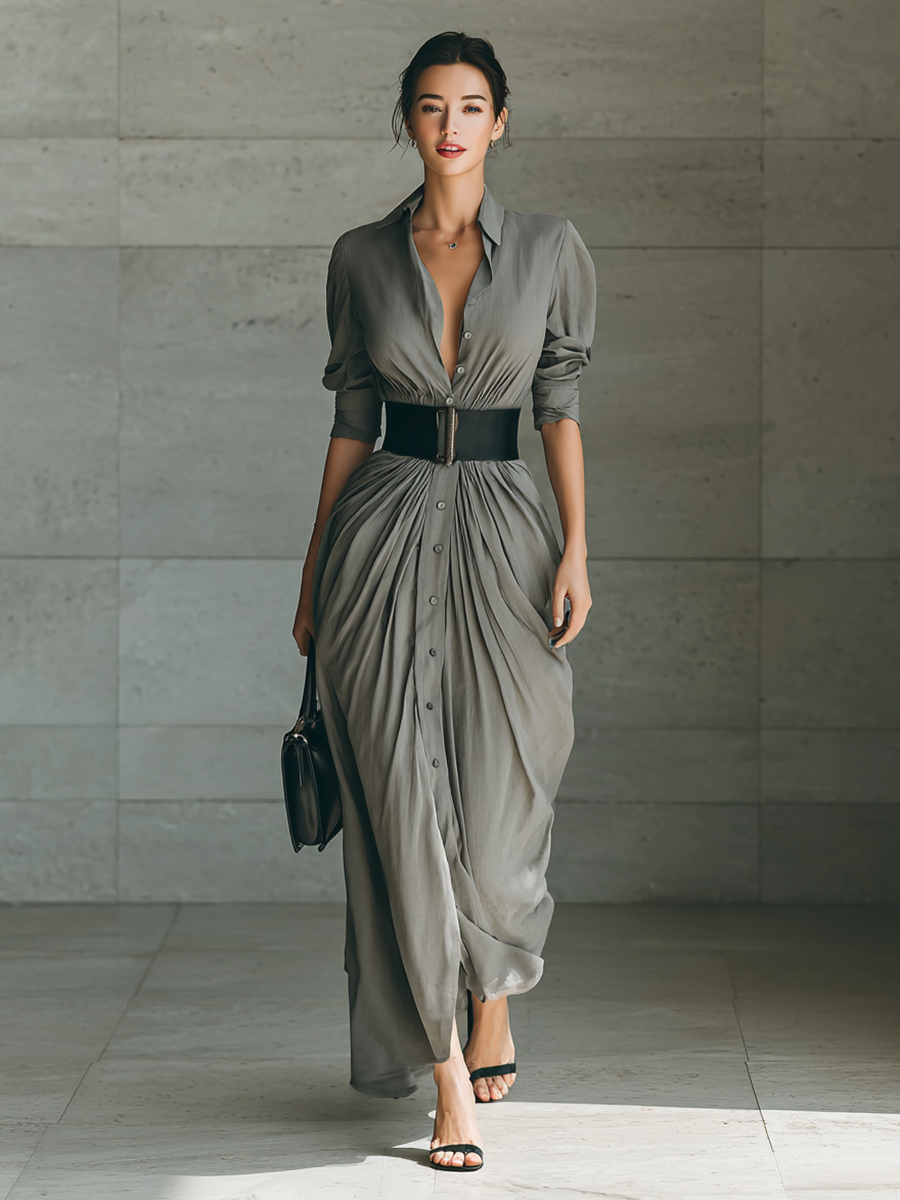 Zahara | Long Pleated Dress with Belt