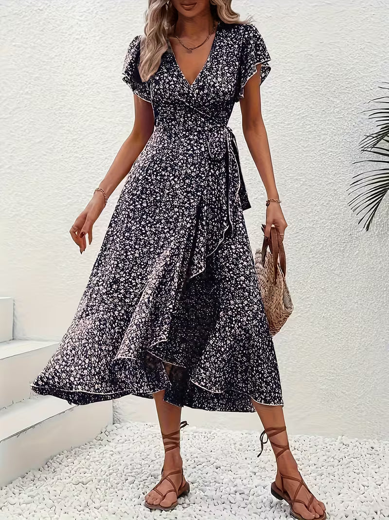 Skye | Floral Wrap Midi Dress with Ruffle Sleeves and Asymmetric Hem