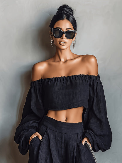 Tiana || Off-shoulder neckline outfit with wide pants