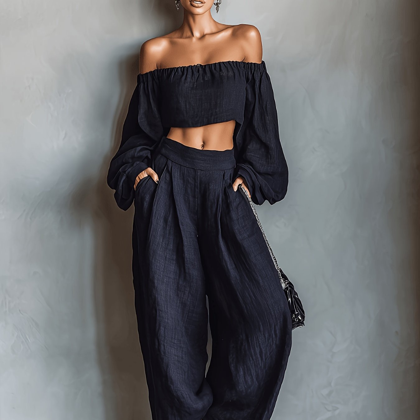 Tiana || Off-shoulder neckline outfit with wide pants