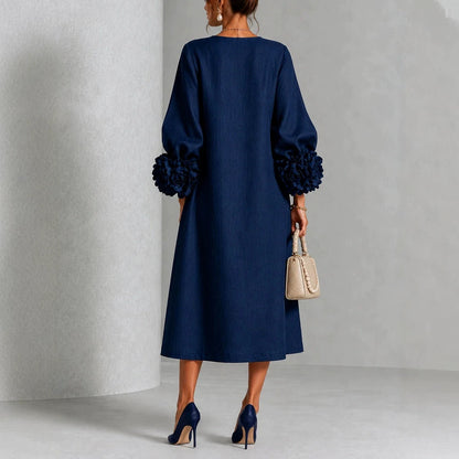 IVY | Floral Midi Dress with Rose-Cuff Sleeves