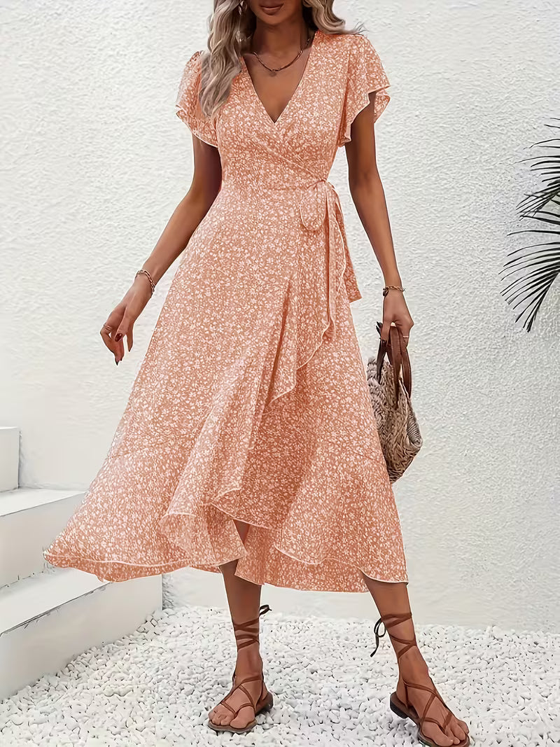 Skye | Floral Wrap Midi Dress with Ruffle Sleeves and Asymmetric Hem