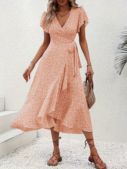 Skye | Floral Wrap Midi Dress with Ruffle Sleeves and Asymmetric Hem