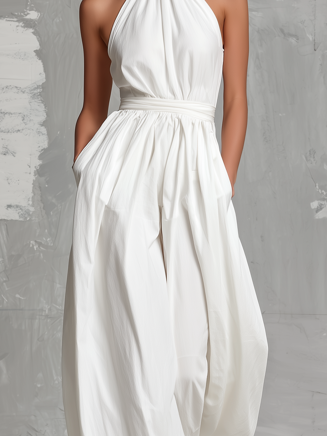 Fiamma | Elegant white jumpsuit in woven fabric with sleeveless halter neck