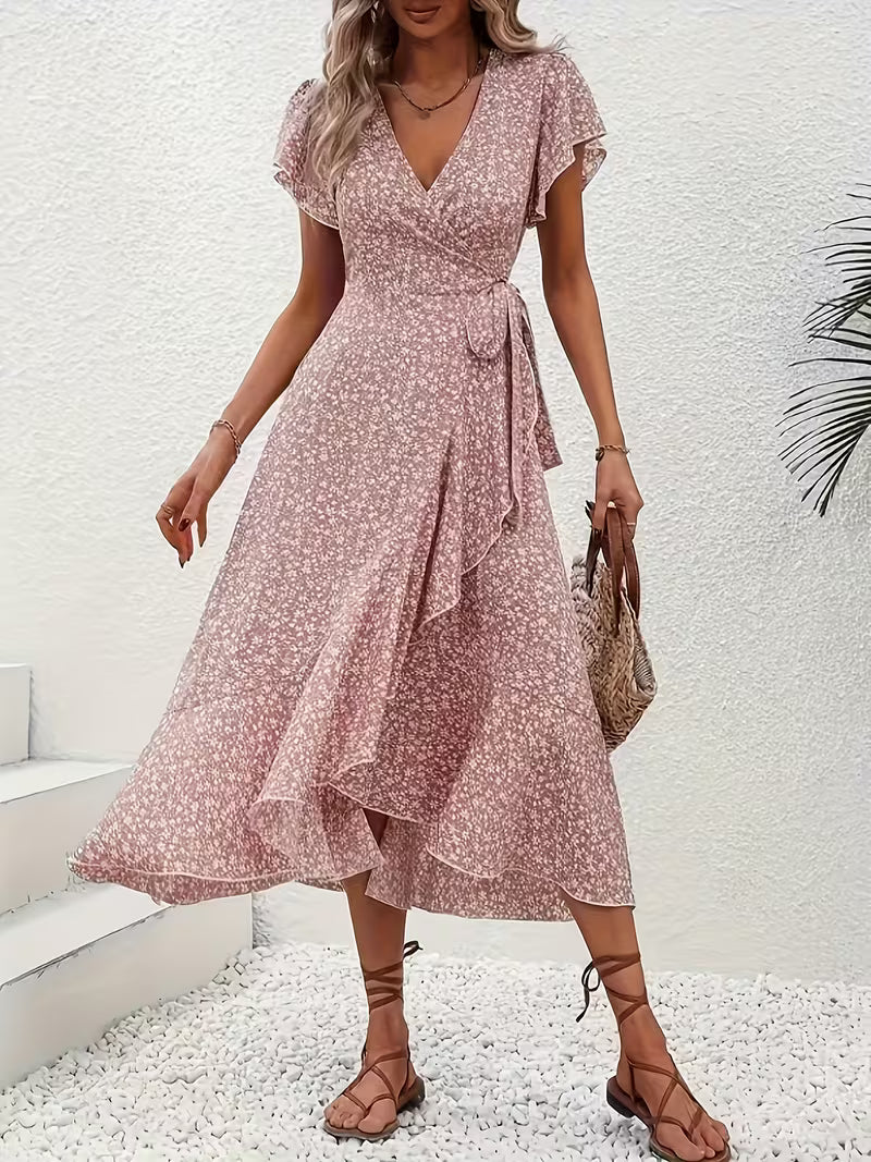 Skye | Floral Wrap Midi Dress with Ruffle Sleeves and Asymmetric Hem